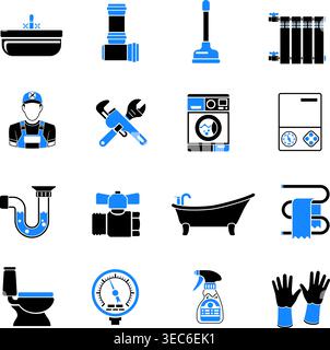 Plumbing Service Two Color Icons Set with Plumber, Device and Tools items. Isolated vector illustration. Stock Vector