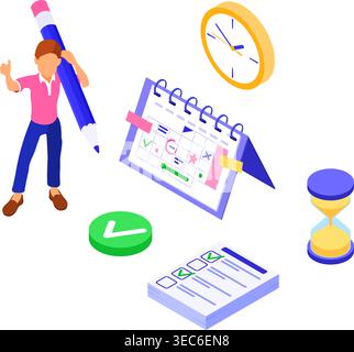 Planning shedule time management and planning with deadline time isometric infographics business landing page template vector illustration Stock Vector