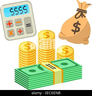 Money and Finance Flat Icons for e-commerce with money, Bag and calculator symbols. Vector isolated on white. Stock Vector