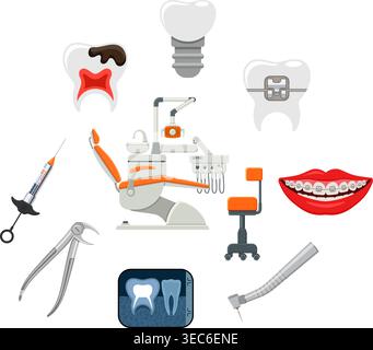 Dental Clinic Concept with dentist chair and dental services flat icons like braces, x-ray, cartridge syringe, carpula and implant. vector illustratio Stock Vector