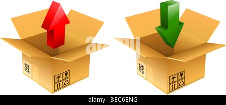 Download and Upload icon - 3D Arrow with Empty Box, isolated on white, vector Stock Vector