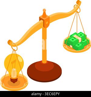 Scales with light bulb and money. Crowdfunding, innovation, idea, investments concept. isometric flat icons. Isolated vector illustration Stock Vector