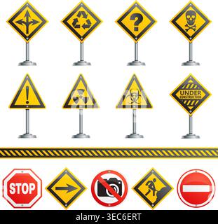 Collection Road Signs on a Pole, isolated on white background, vector illustration Stock Vector