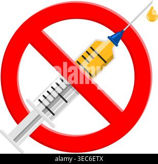 Refusal vaccination, drugs, narcotic concept with sign stop icon plastic medical syringe in flat style, concept stop vaccination, injection, narcotic. Stock Vector