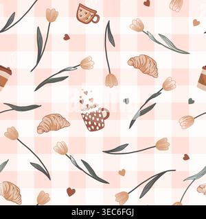 Cute breakfast cartoon Gingham seamless pattern with a bouquet of tulips, coffee, and croissants on a checkered background. Stock Vector