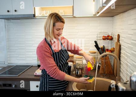 Woman wearing apron doing housework and cleaning kitchen sink Stock Photo