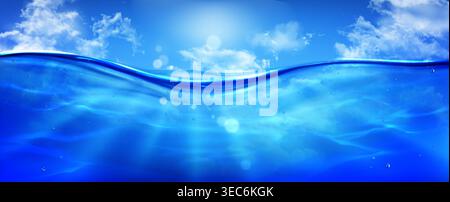 Underwater sea or ocean view with sunlight rays on blue water surface, realistic vector background. Wavy surface with sun beams light effect and ripples, summer tropical aqua, bottom view Stock Vector