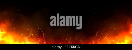 Fire with flying sparks, light of burning flame realistic vector illustration on black background. Dramatic fiery effect with glowing orange particles and smoke, dynamic overlay design element Stock Vector