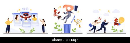 Concept of AI risks for employees showing robots taking jobs, firing office workers, stealing ideas, modern flat style business scene isolated on white background vector illustration Stock Vector