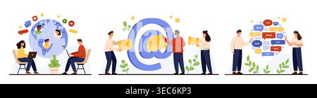 People communicating online with email, chat messages, and social media icons around globe and devices, concept of digital connection isolated on white background vector illustration Stock Vector