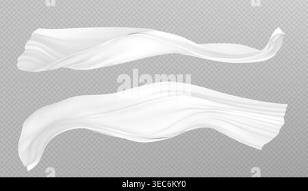 White silk fabric flowing in the air, realistic vector isolated on transparent background. Smooth cloth, textile with soft curves, flying wind movement or falling effect. Satin drape for luxury design Stock Vector