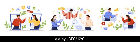 Young people chatting through smartphones and laptops, sharing ideas, social media notifications, email and teamwork icons, remote communication and collaboration concept isolated vector illustration Stock Vector