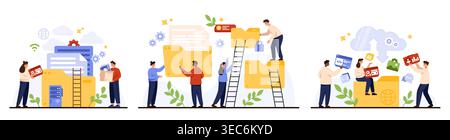 Office team organizing digital documents, folders, and cloud storage with icons for files, analytics, and security in modern flat style, isolated on white background vector illustration Stock Vector