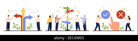 Group of people discussing choices with arrows, direction signs, check and cross icons, representing decision making, options, guidance, teamwork isolated on white background vector illustration Stock Vector