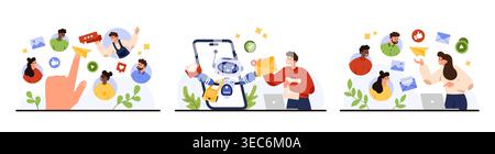Chatbot assists people with email marketing, sending messages and notifications to diverse users through smartphone and laptop in modern flat style isolated on white background vector illustration Stock Vector
