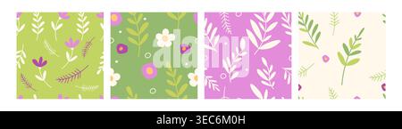 Seamless floral pattern, set of ditsy motifs, cartoon vector illustrations. Color backgrounds with wildflowers and leaves, spring and summer prints, cute simple childish or girly style backdrops Stock Vector