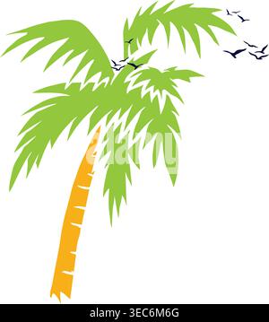 Tropical Palm Tree with Flying Birds Illustration Stock Vector