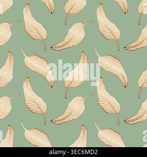 Minimalist botanical pattern with stylized striped banana leaves in beige tones on sage green background for tropical home decor, luxury resort textil Stock Vector