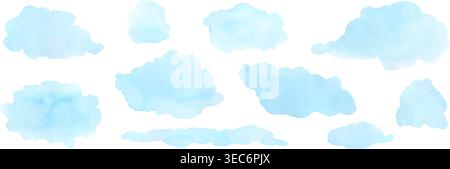 Soft blue watercolor clouds float across white vector illustration set Stock Vector