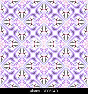 Complex ornamental seamless pattern of curved shapes. Purple pink ornament on white background. Stock Vector