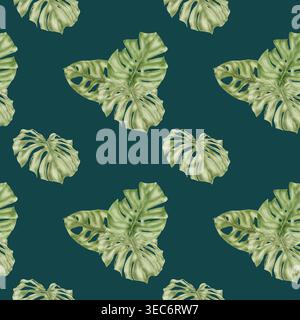 Monstera leaves, seamless pattern. Watercolor illustration. The drawing is made by hand, the leaves of tropical trees are isolated on a dark backgroun Stock Photo