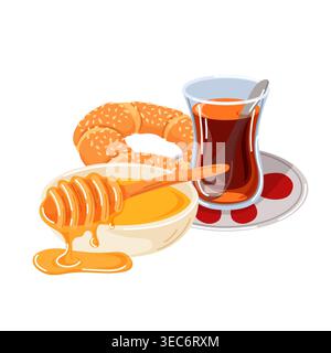 Traditional turkish breakfast with simit bagel, glass of black tea and bowl of honey. Food and drink concept. Cartoon style illustration for cafe menu Stock Vector