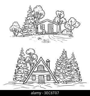 A chalet house among snow-covered firs and pines, a hand-drawn sketch. Vector illustration. A house is a hut in a forest among trees, a set of linear Stock Vector