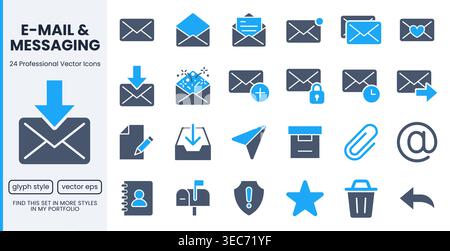 Email, communication glyph icons set. Envelope, inbox, paper plane, mail notification, contact book, attachment, secure message flat pictogram vector Stock Vector