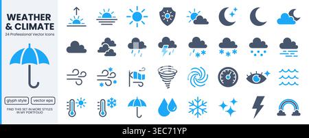 Weather forecast glyph icons set. Sun, rain, thunder storm, wind, snow cloud, moon, UV index flat pictogram vector illustrations. Blue minimalist Stock Vector