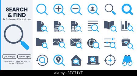 Search glyph icons set. Zoom, find document, magnify glass symbol, look tool, binoculars flat pictogram vector illustrations. Blue minimalist Stock Vector