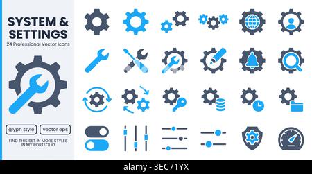 Gear, cogwheel glyph icons set. App settings button, slider, wrench tool, fix concept flat pictogram vector illustrations. Blue minimalist silhouette Stock Vector