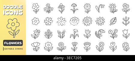 Flower line icon set, naive doodle thin linear art. Collection of hand drawn field blossoms - rose, tulip, sunflower, daisy, poppy. Simple Stock Vector