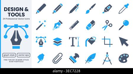 Graphic design, creative drawing tools glyph icons set. Pen, pencil, paintbrush, dropper, stamp, paint bucket flat pictogram vector illustrations Stock Vector