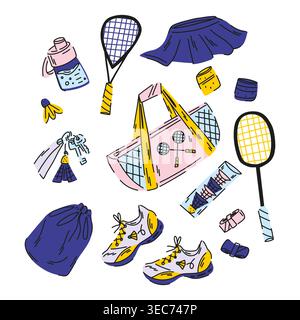 Badminton sports set, sneakers, bag, rackets, water bottle, training items, sports and leisure items Stock Vector