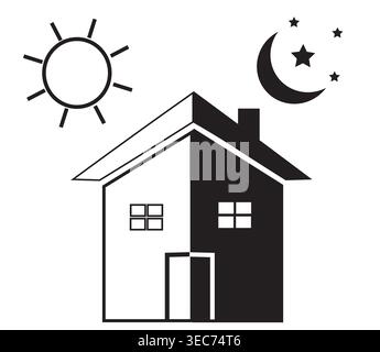 Day and Night House Concept Icon | Sun and Moon with Stars Above Home Silhouette | Black and White 24 Hours Service Real Estate Vector Illustration Stock Vector