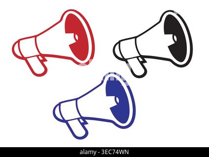 Set of 3 Megaphone Icons in Red Black and Blue Outline | Bullhorn Speaker Graphics for Marketing Announcements and News Alerts | Professional Communic Stock Vector