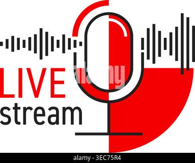 Live stream announcement or logo template - microphone with sound wave - creative vector design. Retro mic logotype. Vector illustration Stock Vector