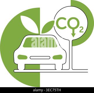Low carbon vehicles - transport that produce low or zero emissions. Electric or hydrogen fuel cell car. Emblem in thin line with green fill Stock Vector