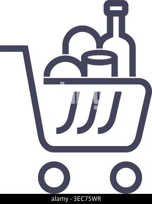 Shopping cart full of food, drinks, grocery. Icon or logo template in bold lines, simple aesthetic Stock Vector