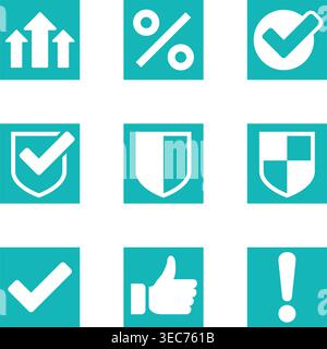 Web icons collection. Protection, check, tested, safe. Also certified, high recommended - any purpose. Pictogram collection in square shape Stock Vector