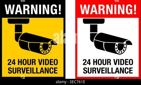Warning, 24 hours video surveillance - caution sign for secure private area. Yellow and red versions Stock Vector