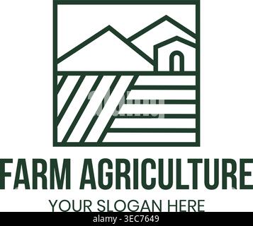 Minimal line art logo featuring a rural farm scene with barn, mountains, and structured field patterns. Designed to represent agriculture, sustainabil Stock Vector