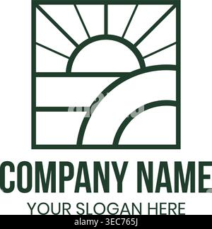 Stylized agriculture logo with flowing curved field lines and rising sun. Conveys movement, growth, and productivity in farming. Ideal for agricultura Stock Vector