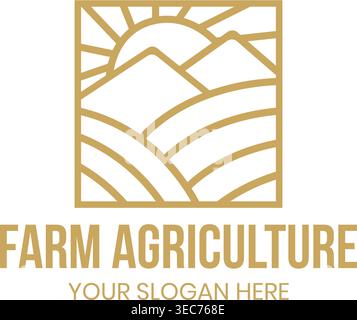 Premium agriculture logo with refined line art style featuring mountains, sun, and layered farmland. Designed for high-end organic brands, eco product Stock Vector