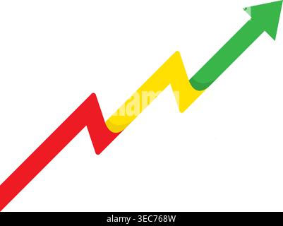 Dynamic upward arrow with red, yellow, and green segments representing growth, progress, and success. Ideal for finance, analytics, trading, and busin Stock Vector