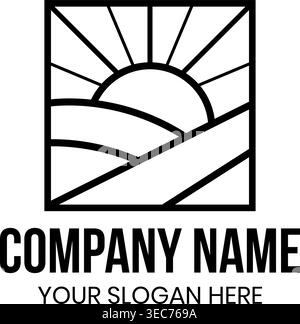 Clean geometric farm logo showcasing sunrise over rolling hills with linear sun rays. Symbolizes growth, new beginnings, and natural cycles. Perfect f Stock Vector