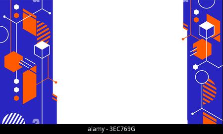 Abstract geometric layout or slideshow template, left and right margins, bright blue and orange colors Stock Vector