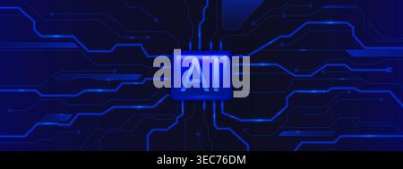 AI chip board design with neon glowing circuit pattern and tech element, abstract vector background. Digital processor with blue semiconductor architecture and intelligent computing power. Stock Vector