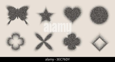 Grainy gradient shapes, flower and butterfly, circle and heart in Y2K retro style, vector illustration set. Noisy halftone patterns, pixelated dots, and abstract floral and geometric icons Stock Vector