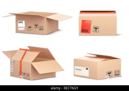 Realistic 3D cardboard open box mockup wirh red tape realistic vector. Brown delivery package isolated on white. Parcel with fragile, keep dry symbols, shipping or postal service elements Stock Vector